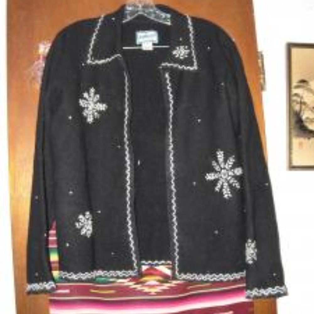 Womens Pendleton Black Wool Snowflake Cardigan Sweater Light Jacket Medium